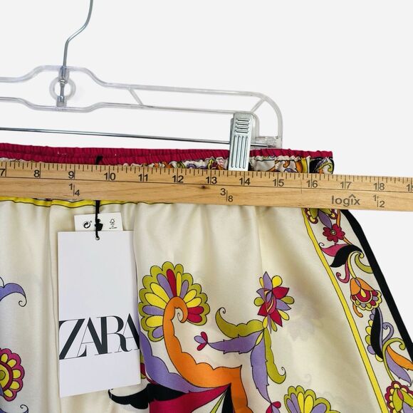 Zara Wide Leg Cropped Pants Women L Muticolor Scarf Print Silky Pull On - Picture 8 of 10